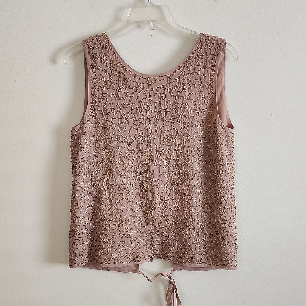 Paper Crown Neutral Tan Gold Beaded Sleeveless Tieback Top Womens Small